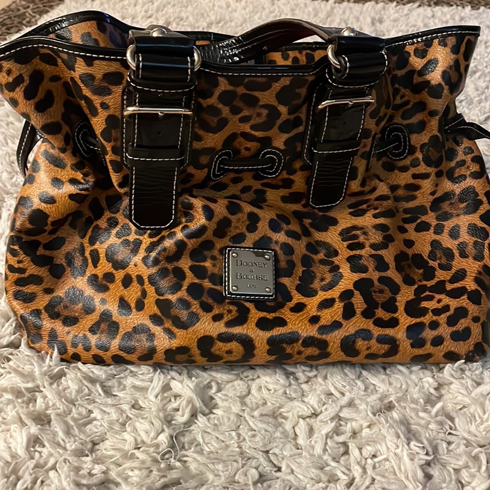 Dooney & Bourke Leopard Print Tote with Black Trim and Red Interior - Picture 2 of 9